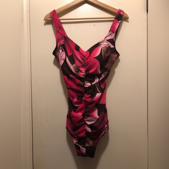 Other - Vintage hot pink and brown floral one piece swimsuit size medium/large